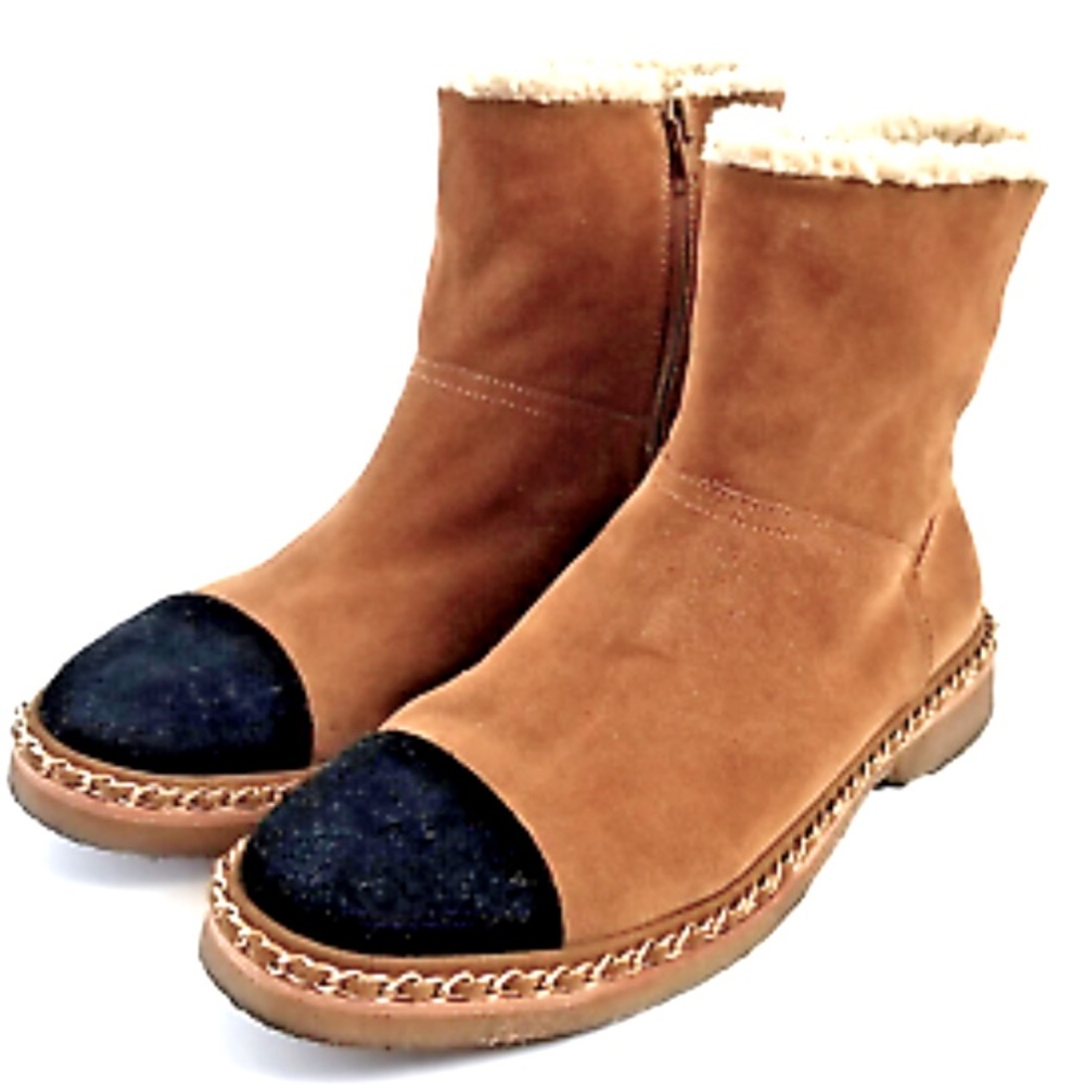 Vaneli KAREL brown suede booties with black suede toe and metal detail (Size 10)